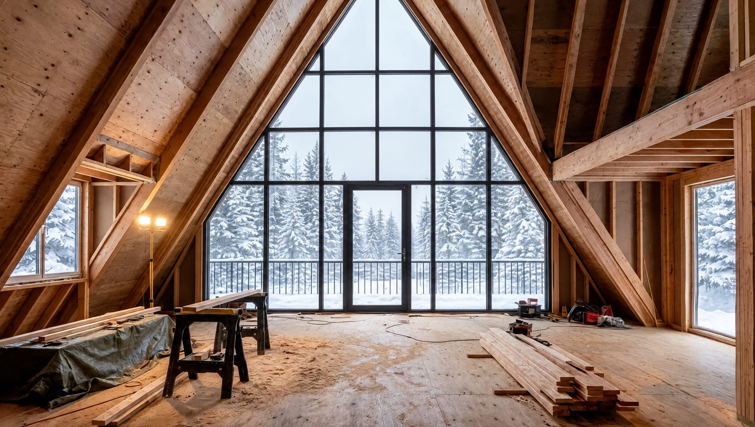 Interior of an AFRME A-frame during construction: exposed timber frame, sheathing and the glazed gable, tools on the floor