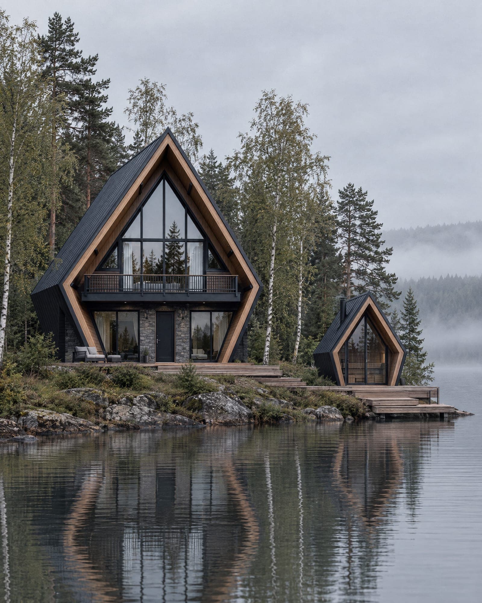 A custom The Two with a matching small A-frame sauna and a deck stepping down to a lake