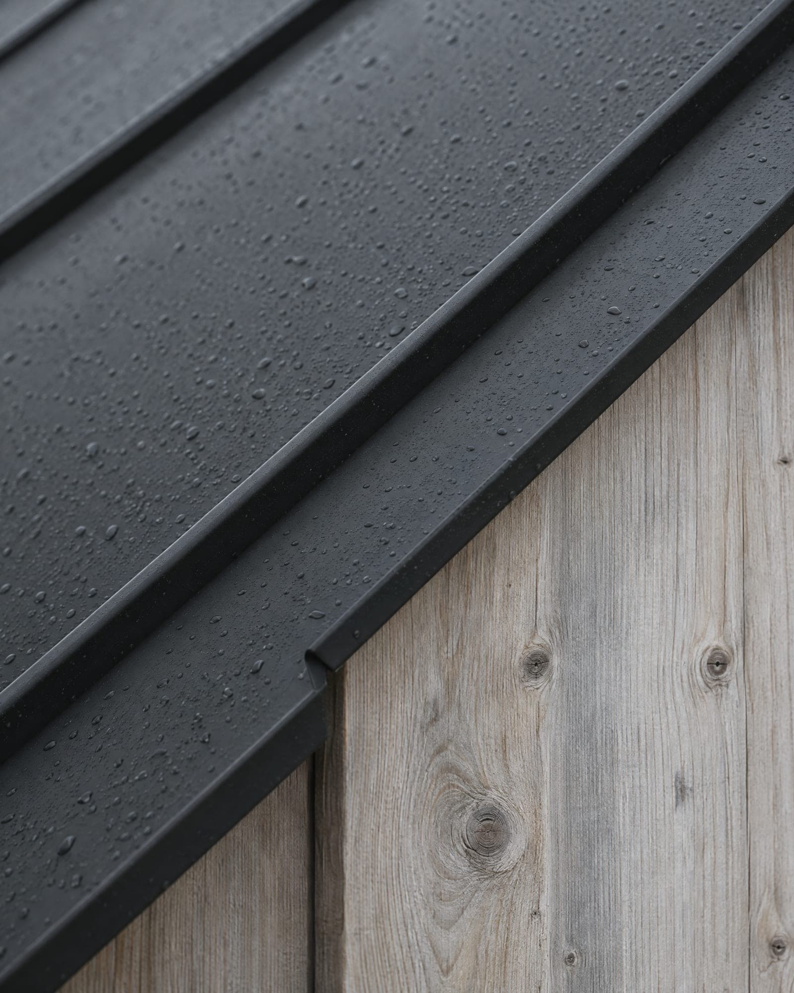 Macro of matte black standing-seam metal meeting a pale larch board, rain droplets on the metal