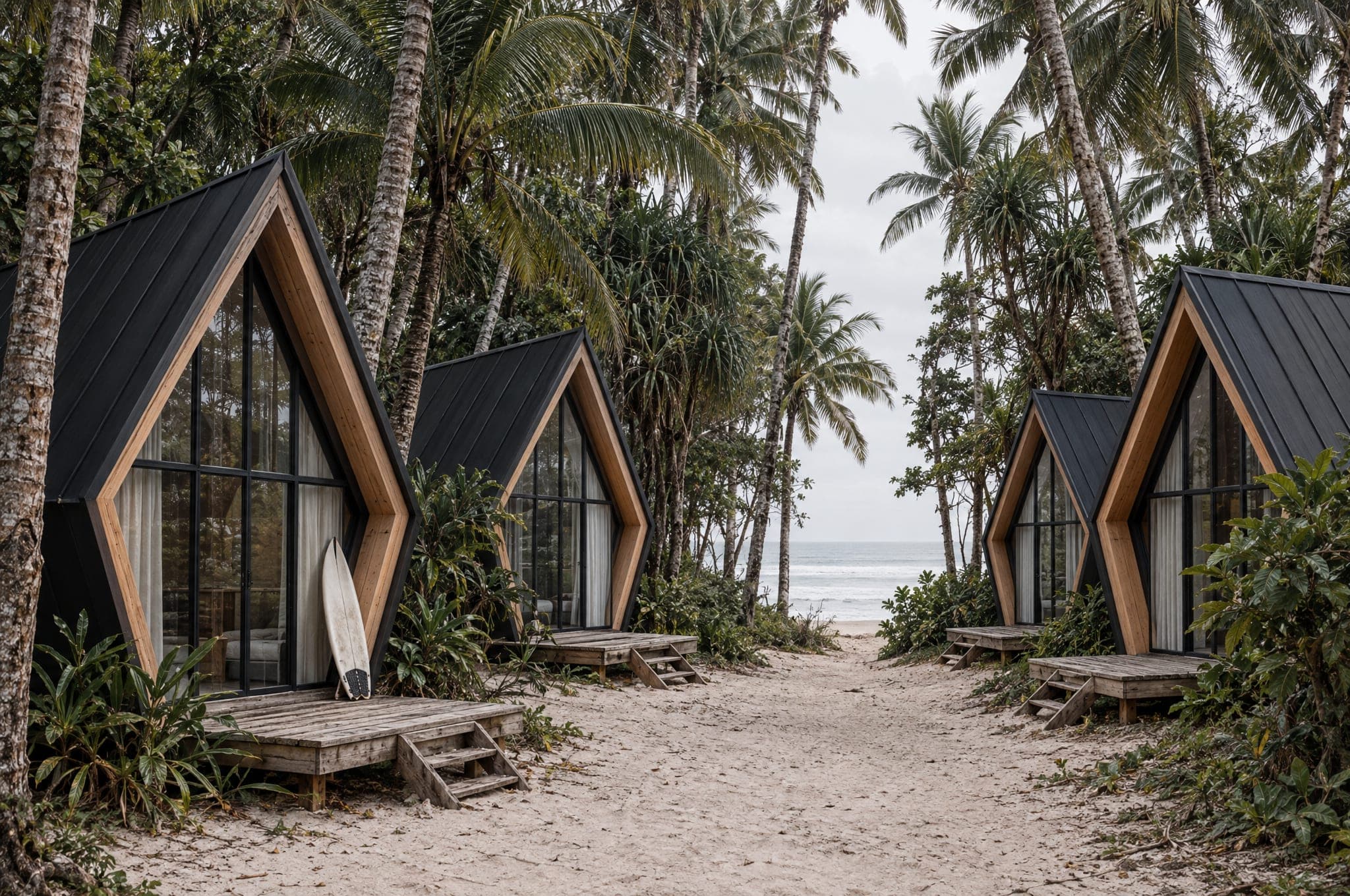 Studio cabins in the shade of coconut palms behind a beach, a sandy track between them and the sea glimpsed through the trunks