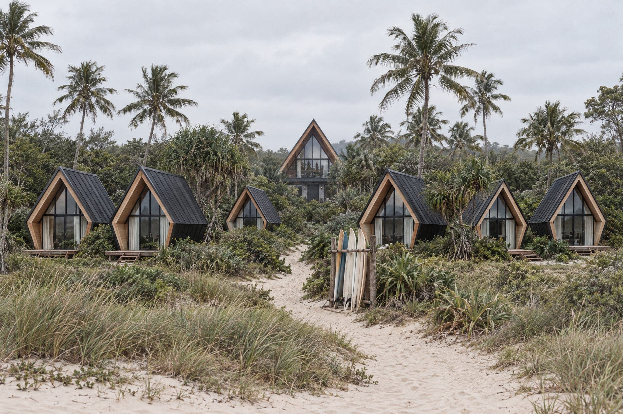 Looking inland from the sand at a surf camp: Studio cabins among dune scrub and palms with a larger AFRME behind, surfboards on a rack by the path