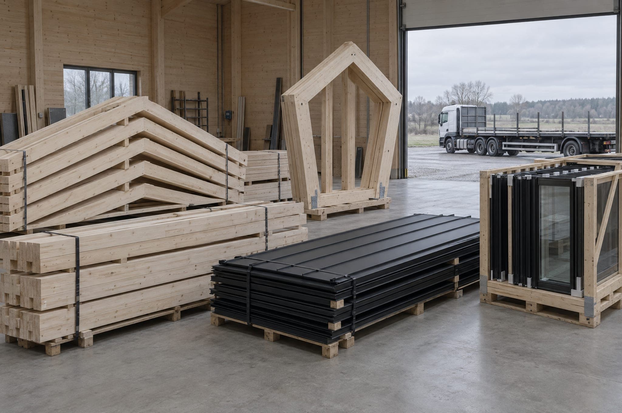 AFRME System™ components flat-packed for delivery: strapped timber frames, bundled roof cassettes and crated window modules in a workshop