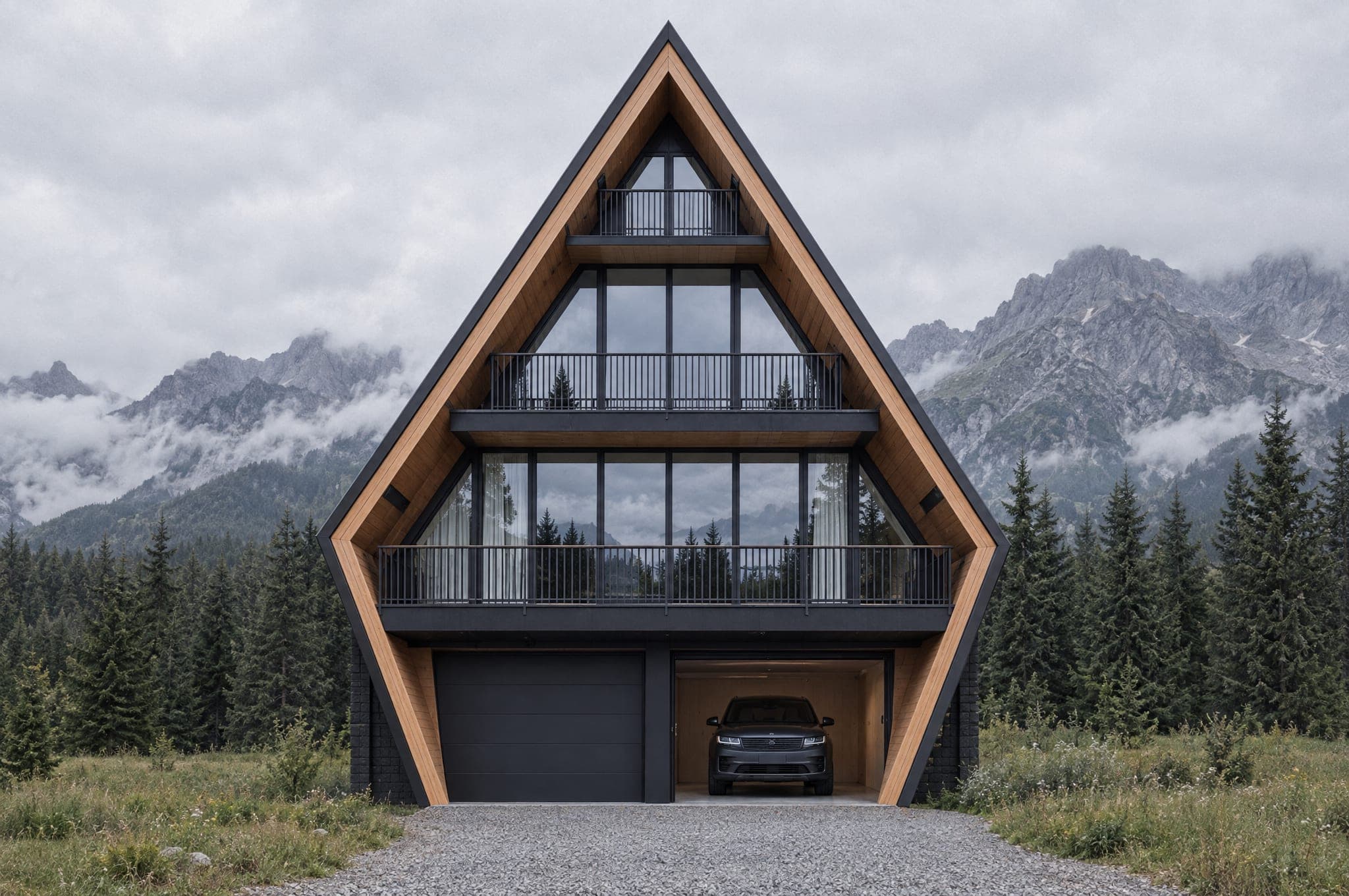 The Four from the front with the right garage door open and an SUV inside, three balconied floors above the garage