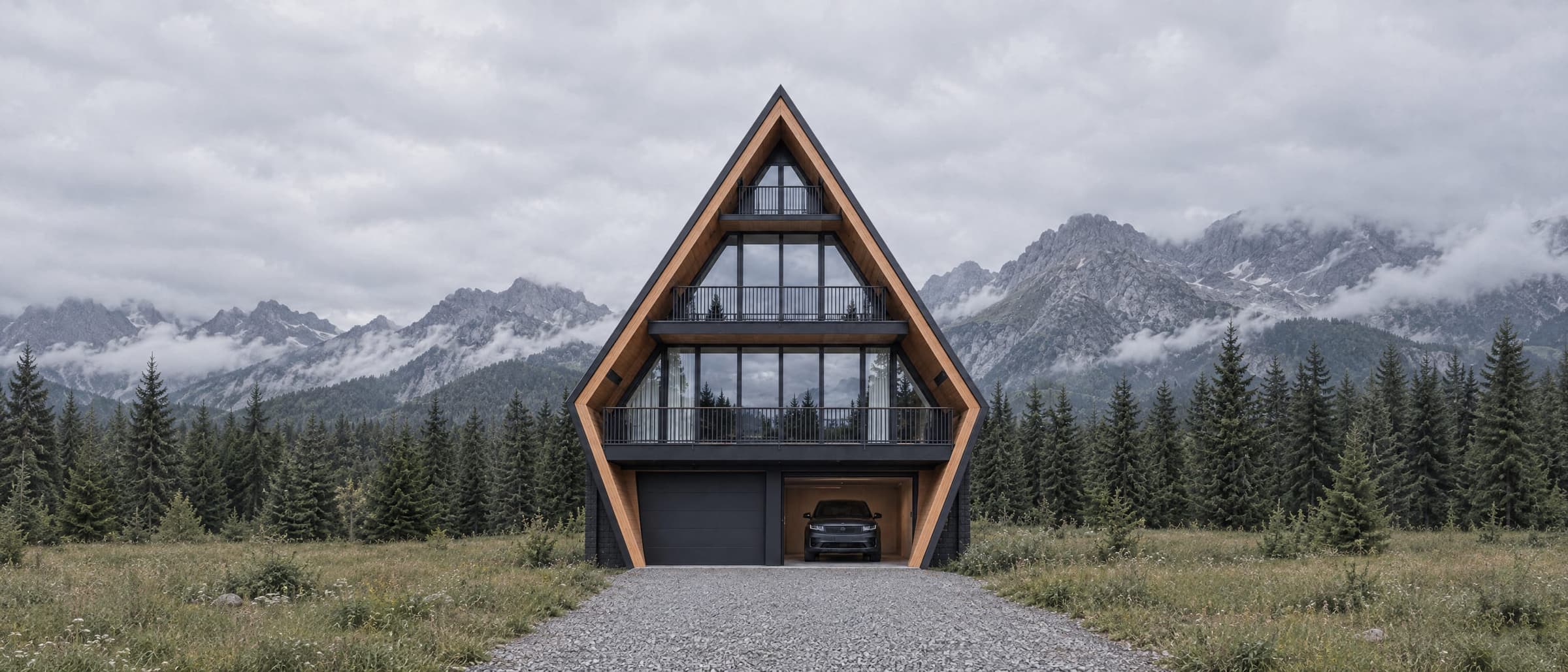 The Four, a four-story A-frame in the same larch-framed profile: the right garage door open with an SUV inside, three balconied floors above ending at the peak, in a meadow below grey mountains