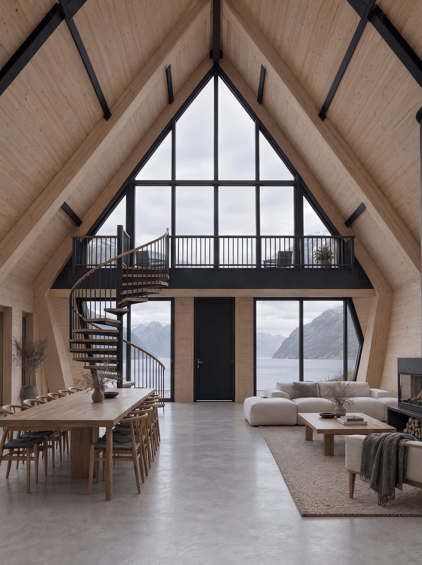 The living floor of The Four: a black spiral staircase rising to the balcony, larch-lined ceiling, long oak table and a fjord view through the glazed gable