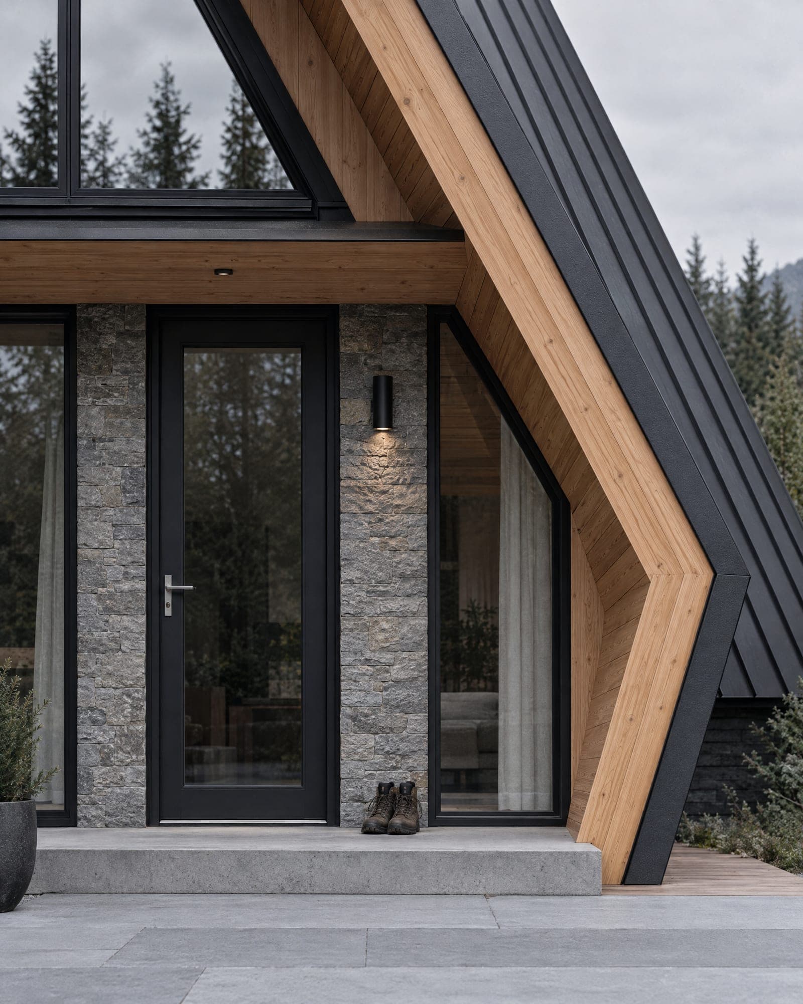 Entry of The One: the black metal roof kicks inward over a glazed door and a single concrete step