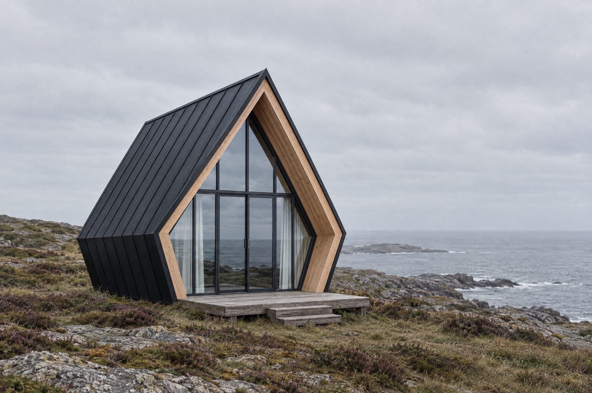 The Studio, a single-room A-frame cabin with a glazed gable and small timber deck on a rocky headland above the sea